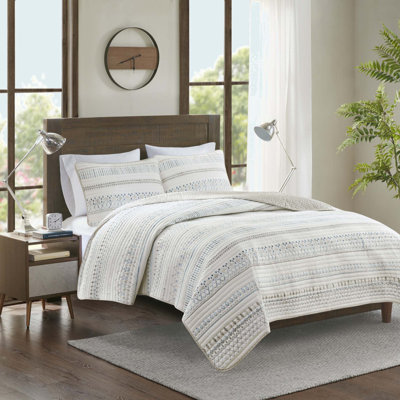 3 Piece Printed Microfiber Seersucker Quilt Set Taupe/Blue Full