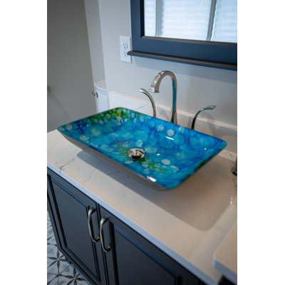 Lavabo de salle de bain rectangulaire bleu / vert / noir en verre peint à la main