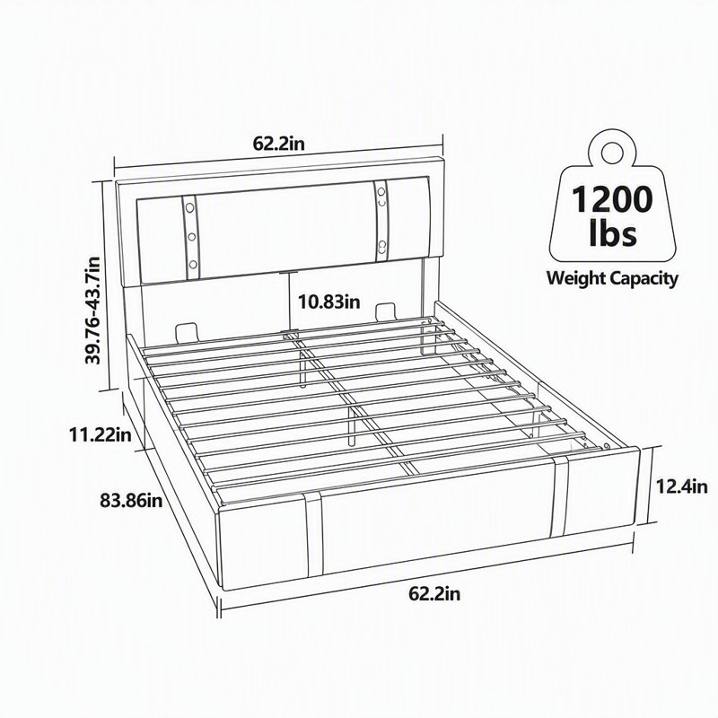 Lit plateforme relevable avec rangement intégré, revêtu de similicuir, tête de lit DEL RVB réglable, ports de chargement USB-C et sommier à lattes métalliques, lit moderne à assistance hydraulique