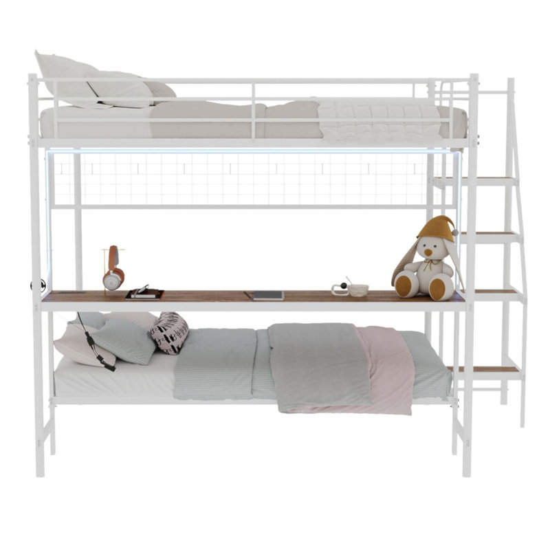 Lit superposé double au-dessus de simple avec bureau encastré et éclairage à DEL - Loft peu encombrant pour enfants et adolescents, structure robuste, assemblage facile, parfait pour les chambres à coucher et les dortoirs (sans matelas)