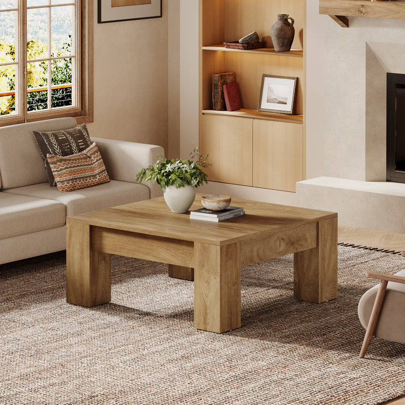 39" Square Coffee Table, Farmhouse Wooden Center Table with Sturdy Legs, Light Brown, Light Yellow