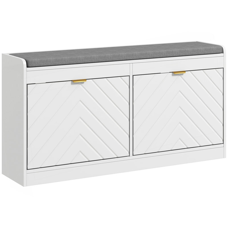 Banc à chaussures, banc d'entrée avec 2 tiroirs rabattables, coussin de siège et 2 évents pour 8 paires de chaussures pour le couloir, blanc