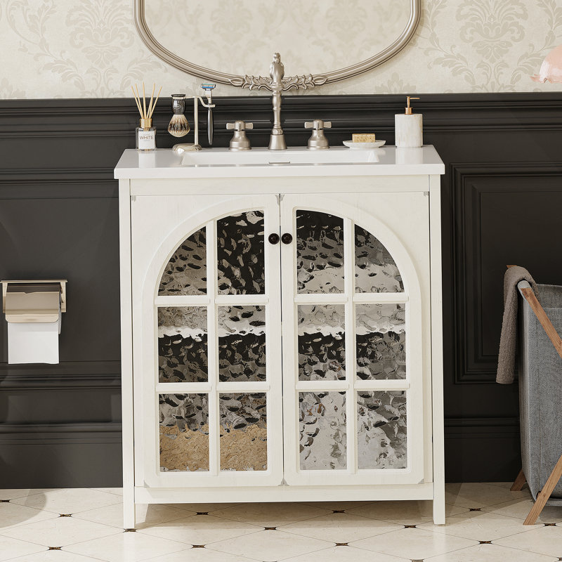 Meuble-lavabo 31 po avec lavabo en céramique, poignées en bronze, blanc antique 31 po, Blanc antique