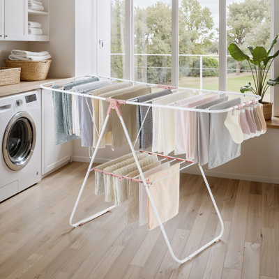 Clothes Drying Rack, With Sock Clips, Metal Laundry Rack, Foldable, Space-Saving, Free-Standing Airer, Indoor Outdoor Use