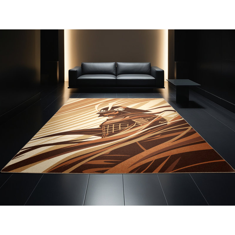Soft Plush Durgin Demon Samurai Bold & Eclectic Modern Arc Area Rug in Brown – Beige Binding, 2x4