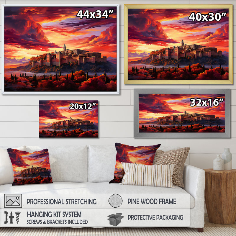 Spain Sunset Over The Alhambra I - Landscapes Canvas Art Print, H 30 po x l 40 po x P 1,5 po, Cadre flottant blanc