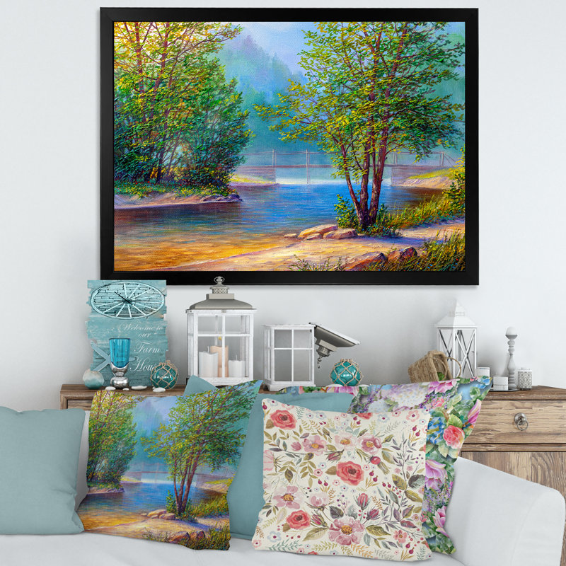 «Green Trees By The Riverside», peinture sur toile, H 12 po x l 20 po x p 1 po, Cadre photo noir