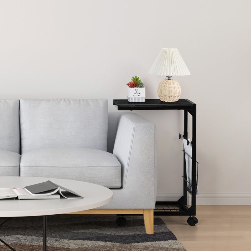 Height-adjustable C-shaped side table with wheels and storage basket Black