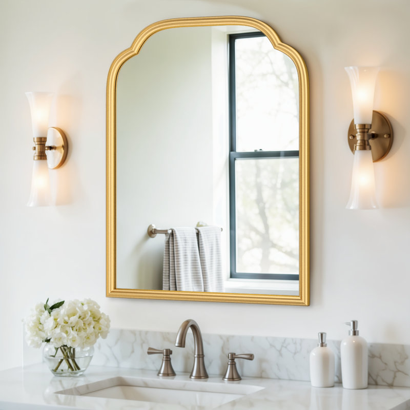 Modern Rounded Corner Rectangle Bathroom Vanity Mirror for Over Sink Framed French Cleat Mounted Wall Mirror, Gold, 24" x 18"