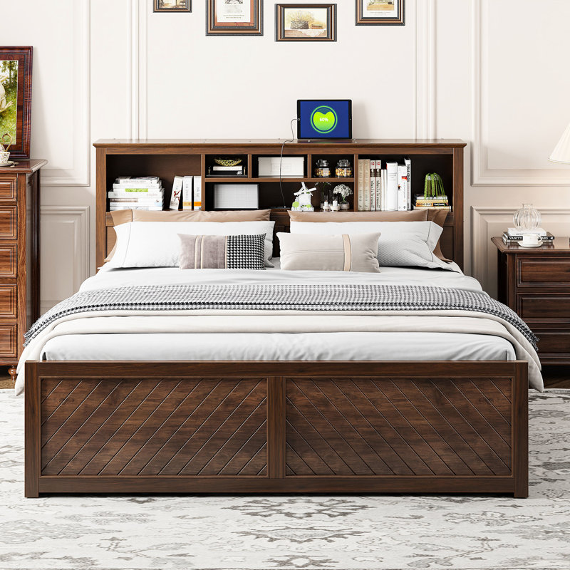 Lit plateforme très grand en bois antique avec tête de lit multifonctionnelle, tiroir -, aucun sommier nécessaire, raccordement multiple