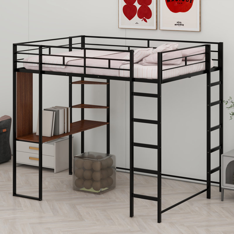 Metal Loft Bed With Shelves And Desk, Black