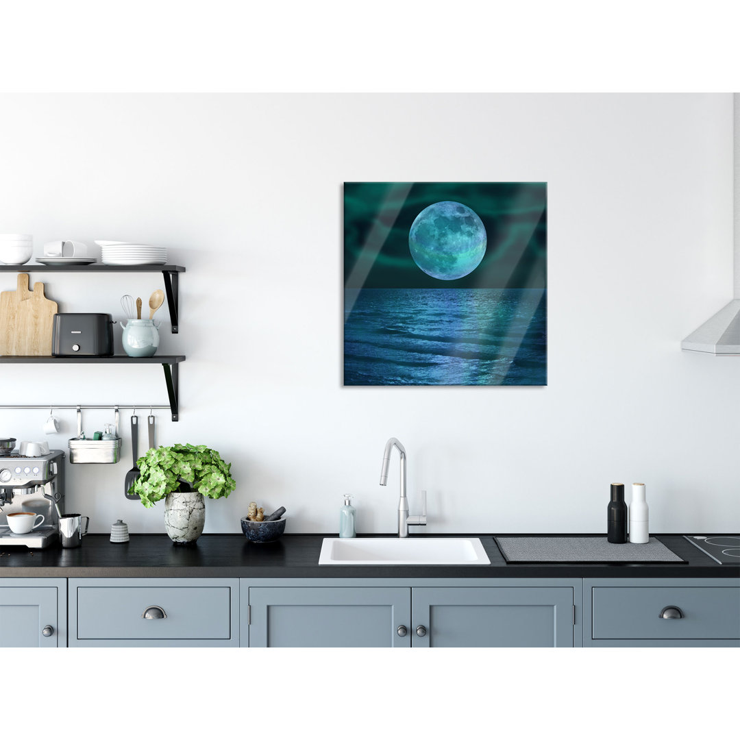 Glasbild Quadratisch  Wandbild Auf Echtglas  Ruhiges Meer Mit Vollmond  Aufhängung Und Abstandshalter LQ4989