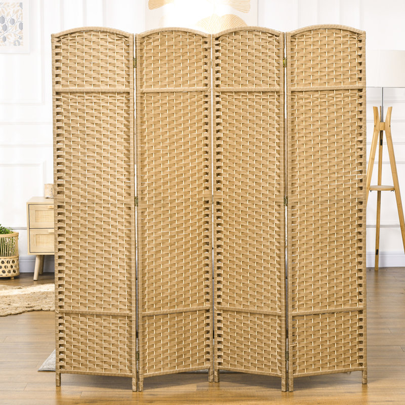 Room Divider 4 Panel, 5.6' Tall For Home. Natural Wood Theme With Hand-woven Pattern. Versatile Partition. Made Frame & Polypropylene Webbing. Lightweight And Foldable. No Assembly Required Panel