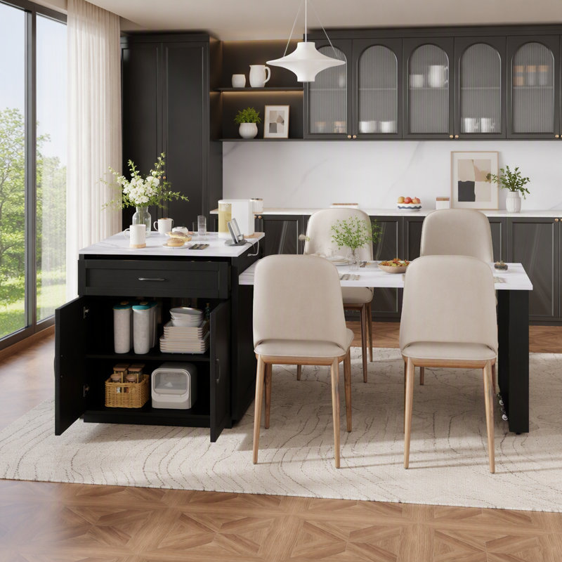 Îlot de cuisine avec table de salle à manger extensible et rangement double-face, Noir