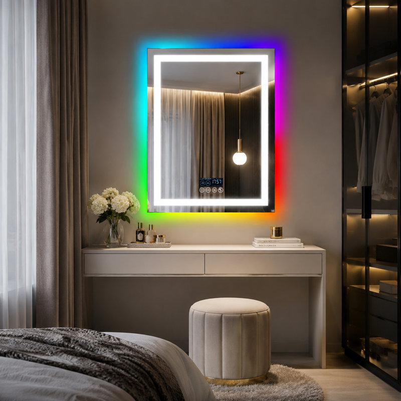 Miroir de salle de bain avec lumières Bertram, fixation murale avec haut-parleur Bluetooth, affichage de l'heure et de la date anti-buée, éclairage frontal RVB rétroéclairé et 3 températures de couleur, luminosité réglable, étanche IP65, verre t