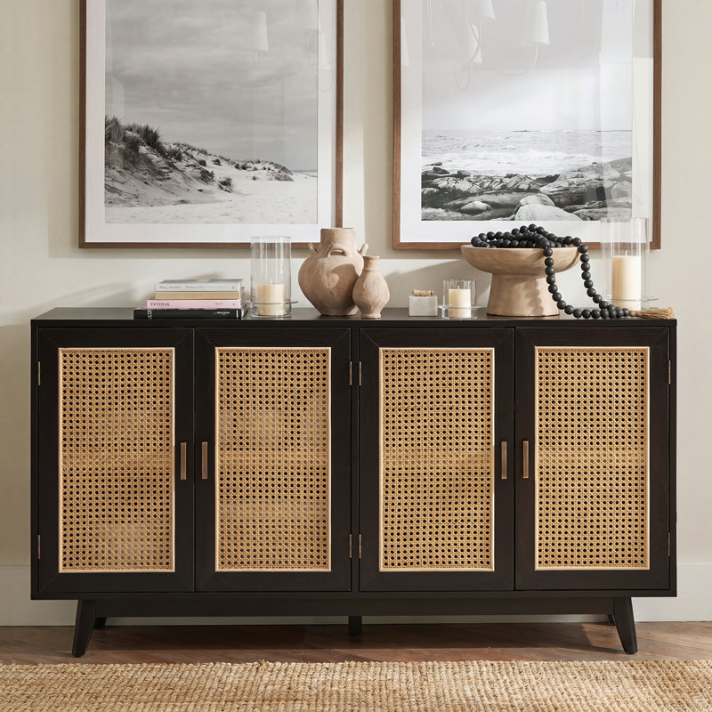 56.8" W Solid and Manufactured Wood TV Stand, Black