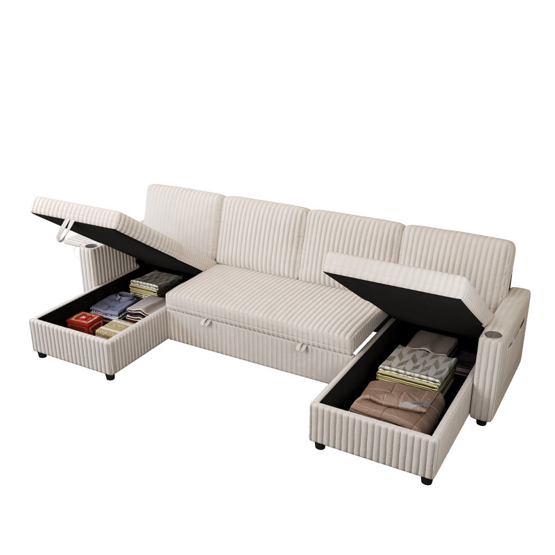 Oversized 110.6" U-Shaped Corduroy Sleeper Sectional Sofa with Pull-Out Bed and Storage Chaise, White