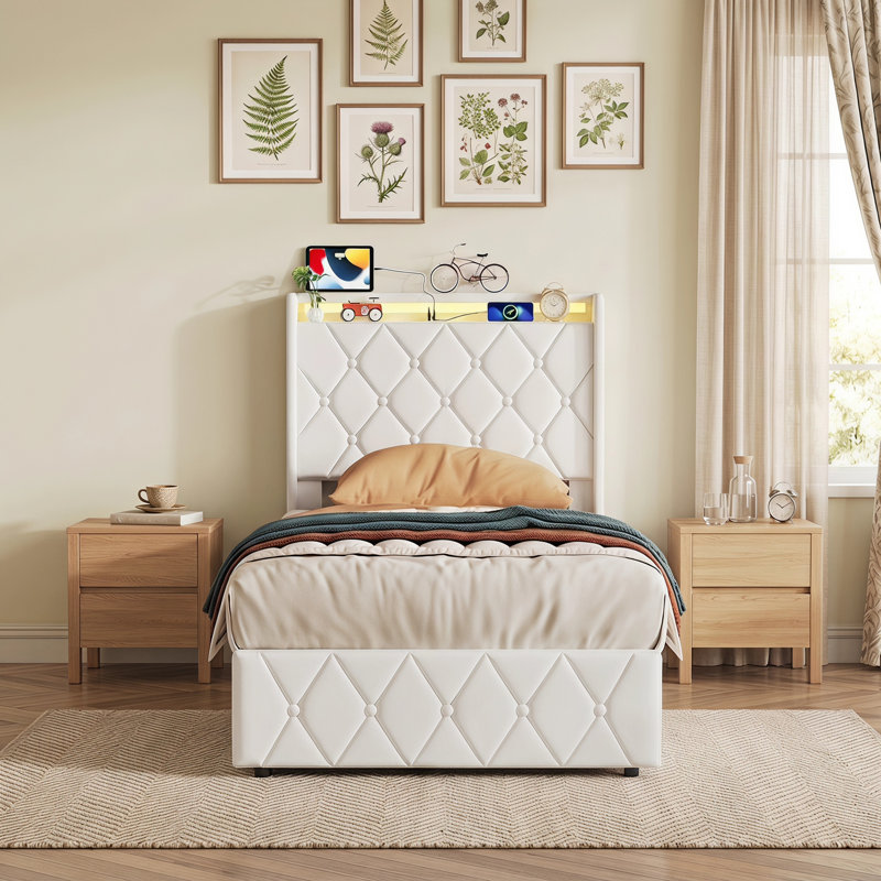 Lift Up Storage Bed Frame, European Single (90 x 200 cm), Beige