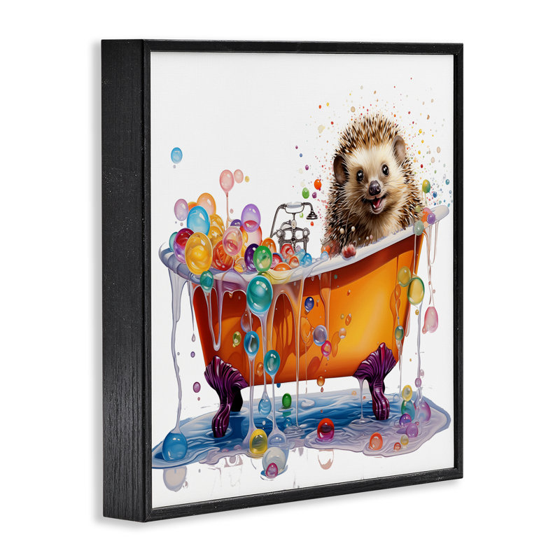 «Happy Hedgehog Bubble Bath», art de la giclée encadrée par Mary Cunningham, H 12 po x l 12 po, Giclée encadrée noir minuit
