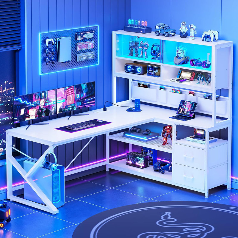 59" L Shaped Computer Desk With 2 Drawer and Bookshelf, White