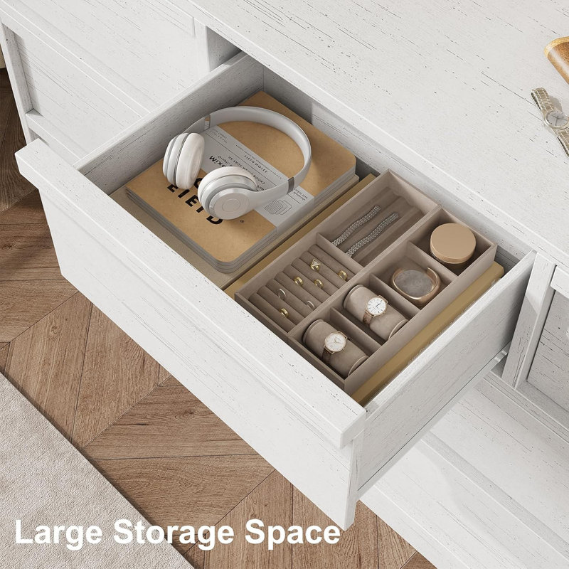 Commode double 6 tiroirs, coffre de rangement en bois blanc antique pour chambre à coucher, salon ou vestibule