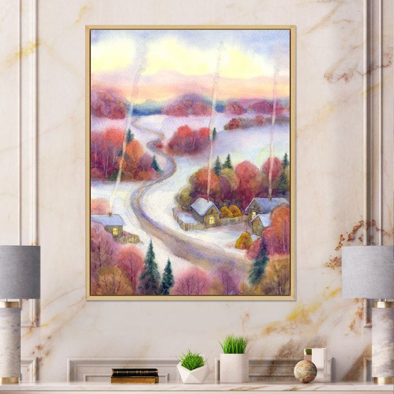 Winter Winter in the Village - Peinture sur toile, H 44 po x l 34 po, Cadre flottant en érable