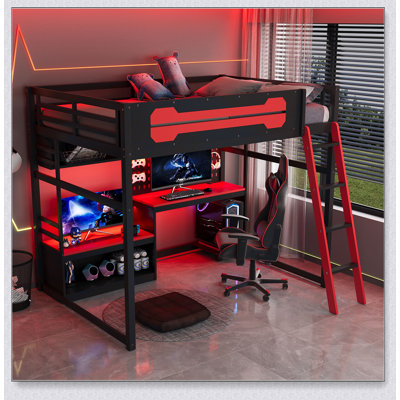 Lit mezzanine en bois avec bureau, tablettes, lumières DEL, ports USB et panneau perforé