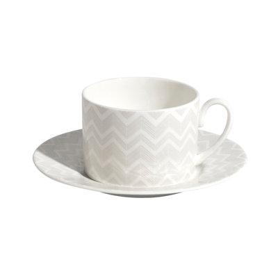 Missoni Tea Cup & Saucer ZIG ZAG Set of 2 in Luxury Box White diam. 3.3in, H 2.3in, cap. 7.5 oz, Saucer diam. 6in