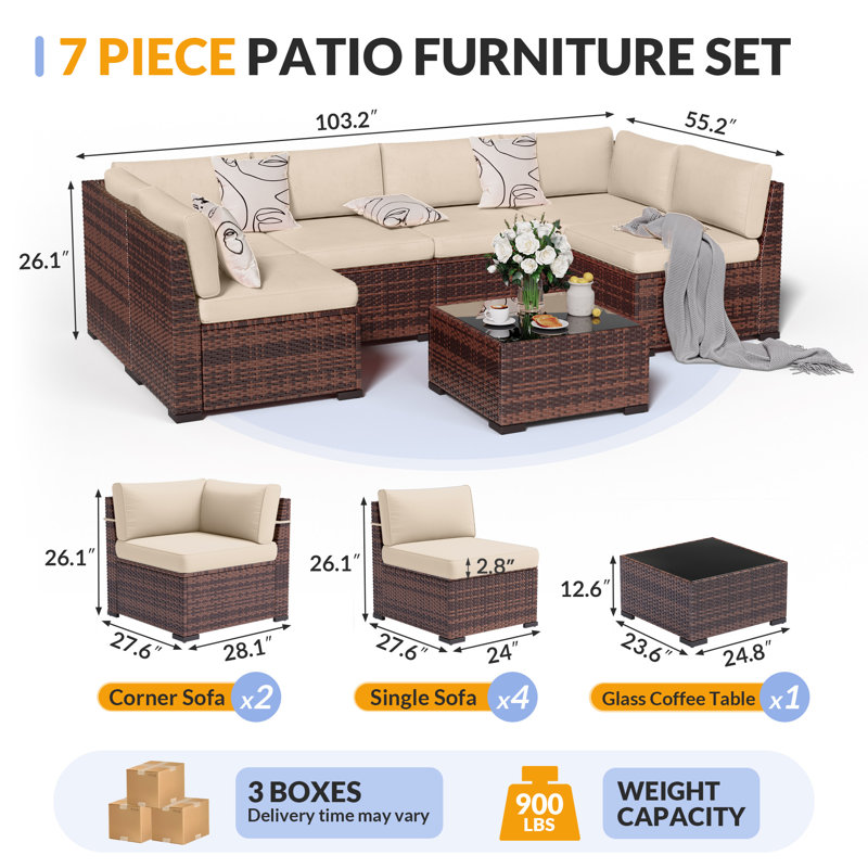 7 Pieces Patio Furniture Set, Outdoor Furniture Sectional Rattan Sofa With Slanted Back, Beige, Brown