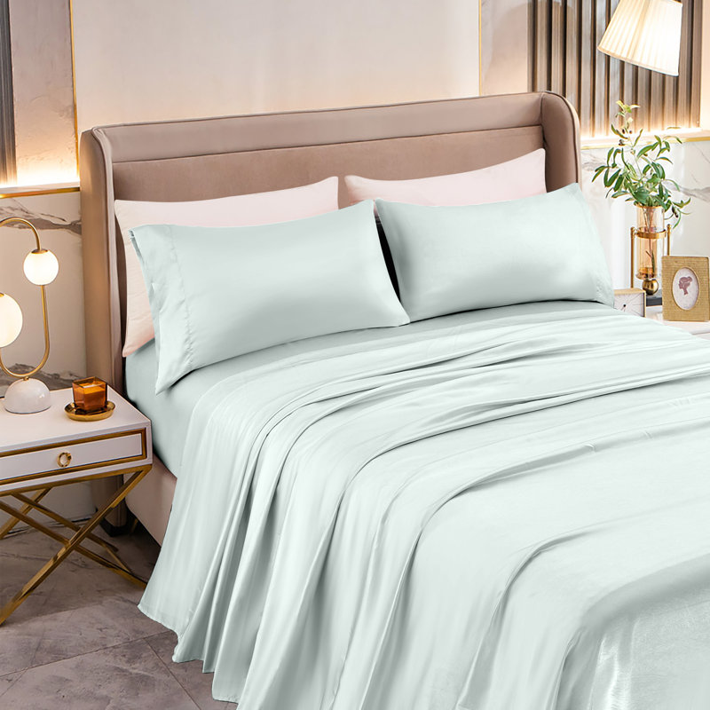 Elegant Comfort Luxurious 4-Piece Silky Satin Sheet Set, Skin And Hair Friendly, Wrinkle, Fade, Stain Resistant With Deep Pockets Fitted Sheet, Cooling Soft Satin Sheet Set