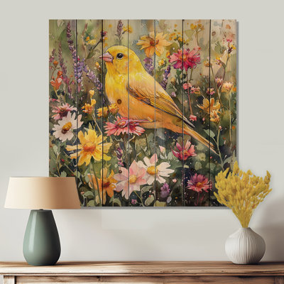 Finch oiseau dans les fleurs sauvages II - Décoration murale en bois d'oiseau - sur bois de pin naturel