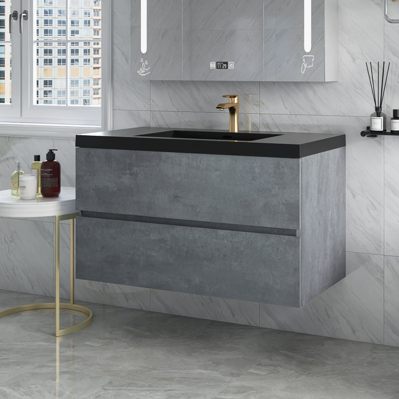 42 po X P 20 po P x 22,5 po Meuble-lavabo mural simple H gris en ciment avec comptoir en quartz noir mat