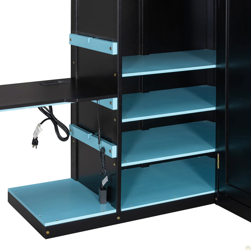 Lit mezzanine double en bois pleine grandeur avec bureau, tablettes multiples, charge USB et lumière RVB pour une vie moderne