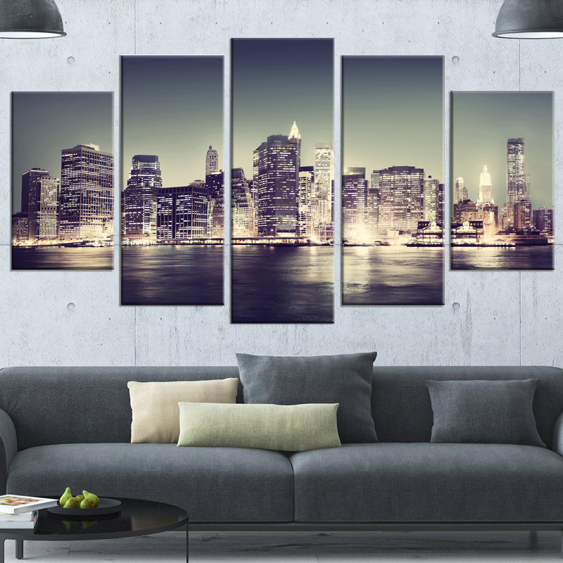 «Black and White New York City Night Panorama», ensemble de 5 reproductions de photos sur toiles tendues