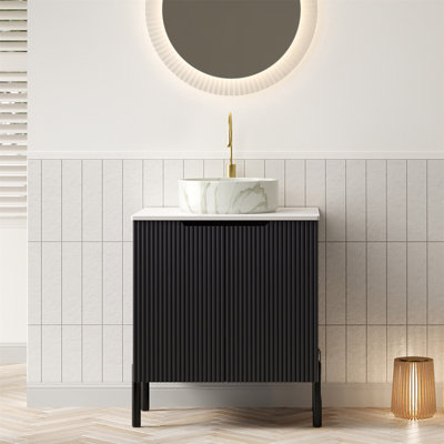 Ensemble de meuble-lavabo autoportant avec lavabo autoportant en céramique avec motif de pierre et comptoir blanc Carrara