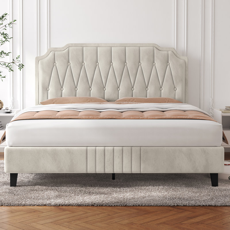 Upholstered Bed Frame with with Diamond Button-Tufted Headboard, Beige, King