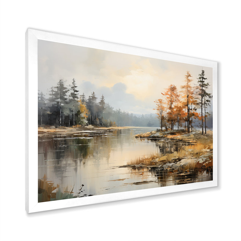 «Lakeside Fall Foliage Serenity II - Lake River», art mural, Cadre simple blanc, H 24 po x l 32 po x P 1 po