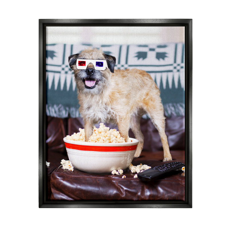 «Dog Dog 3-D Movie Night Couch Snacking Popcorn» par Michael QuackenBush, reproduction sur toile flottante