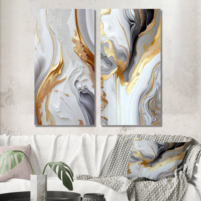 " White And Gold Marble Abstract I " by Designart 2 - Pieces