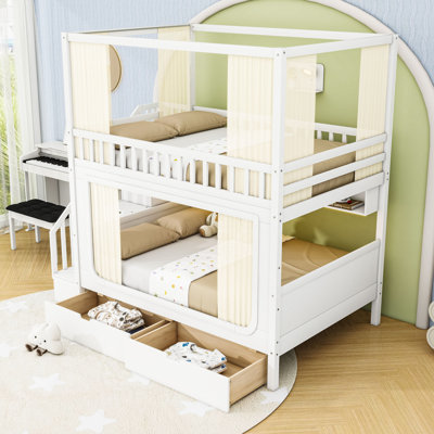 Lit superposé avec rideaux, escalier de rangement, lumières DEL et tiroirs
