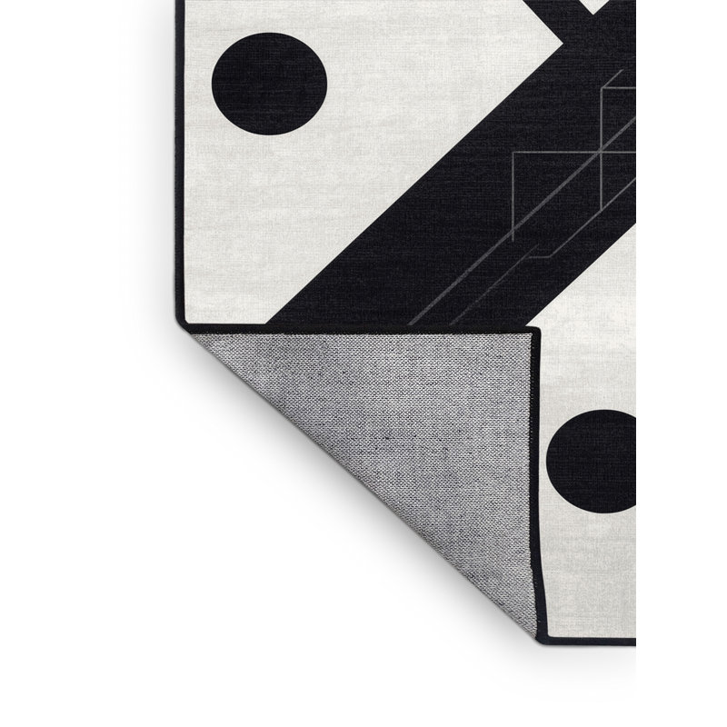 Machine Washable Marvale Hockey Stick Puck Modern & Contemporary Geometric Rug in White – Black Binding, 8x10