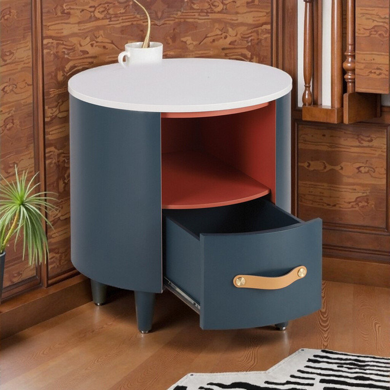 Table de chevet avec tablette ouverte, conception courbée pour la chambre à coucher, Bleu