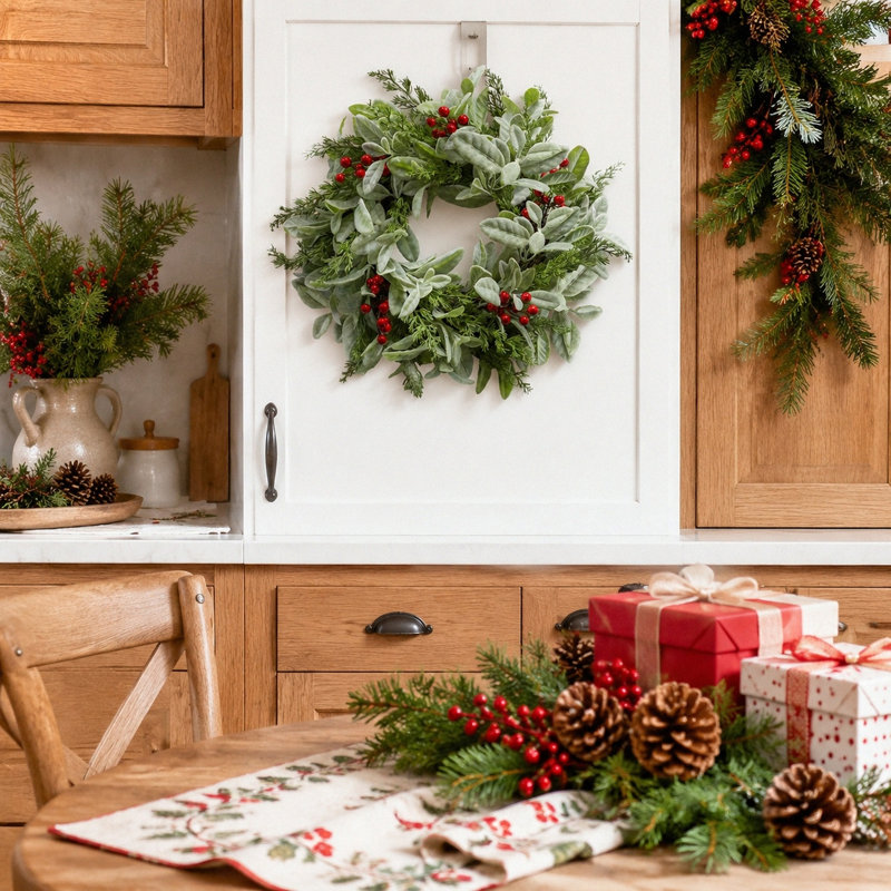 Couronne de Noël réaliste de 50 cm (19,7 po) avec baies rouges et eucalyptus