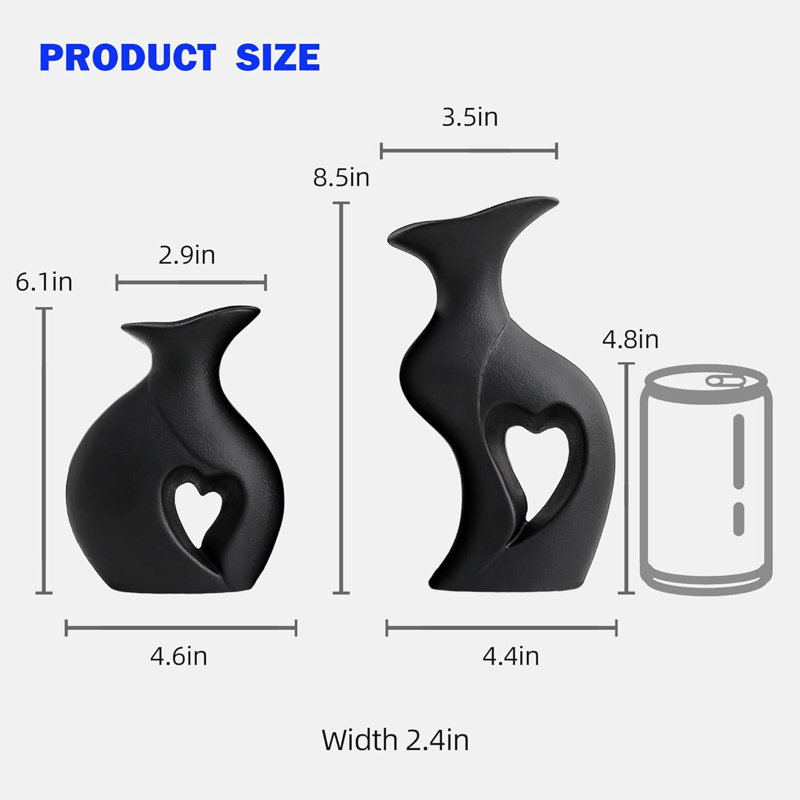 Ensemble de 2 vases en céramique noirs en forme de cœur