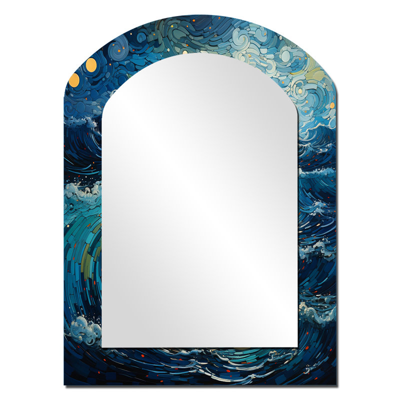 Bleu sarcelle jaune océan côtier Serenade pointillisme I - miroir arqué océan, miroir mural asymétrique unique bleu sarcelle, impression d'art en métal