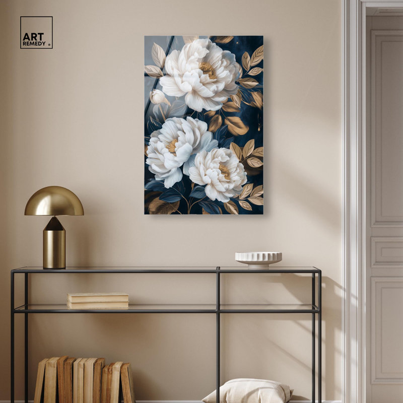 Décoration murale "Fleurs blanches et feuilles dorées" par Art Remedy, H 30 po x l 20 po