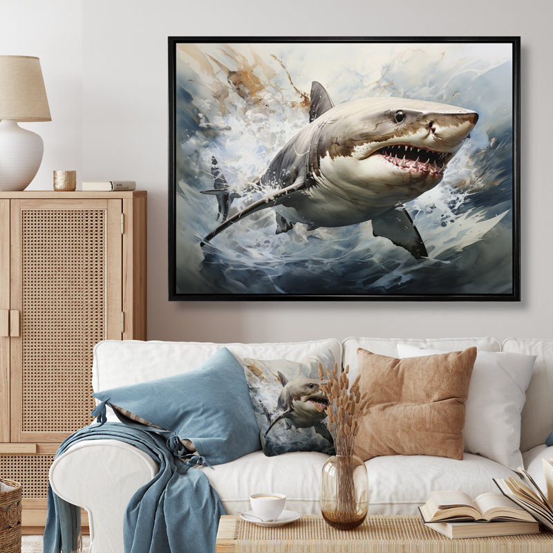 " Gray Shark Silent Hunter I ", 12" H x 20" W x 1" D, Black Floater Framed