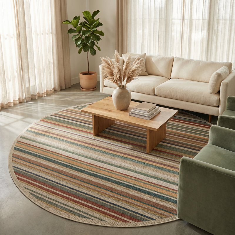 Tapis intérieur / extérieur rayé beige / vert / rouge Dimesford, Rond 12 pi