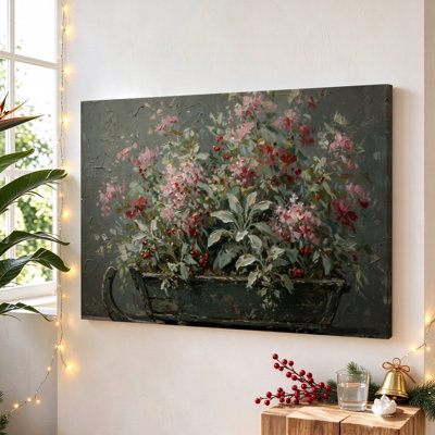 Fleurs roses dans une brouette vintage, toile tendue, 61 x 91 cm, décoration murale moderne pour salon et chambre