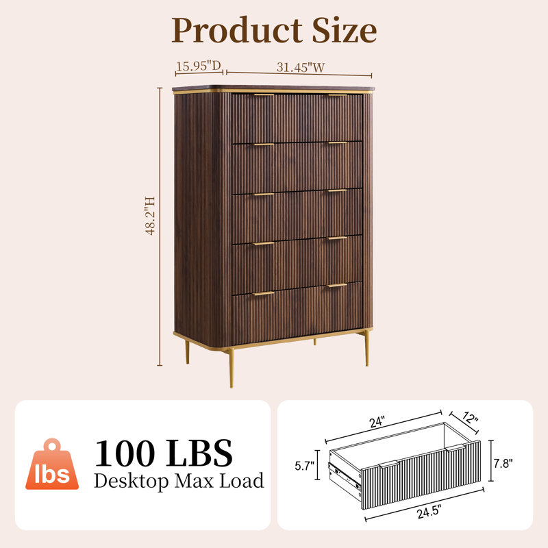 48" Tall Fluted 5 Drawers Dresser, Modern Chest Of Drawers With Metal Handle, Dark Walnut